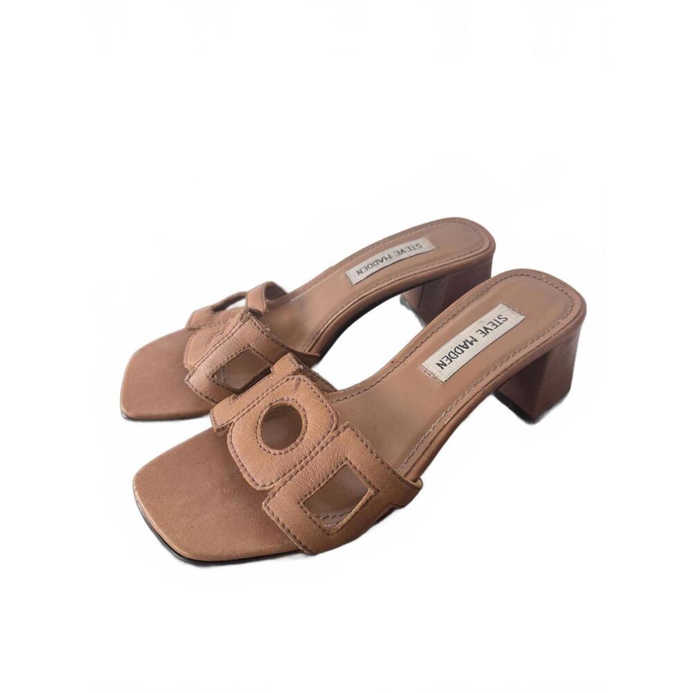 Vintage Y2K Steve Madden Block Heel Sandals Tan Brown Slip on Square Toe Size 6